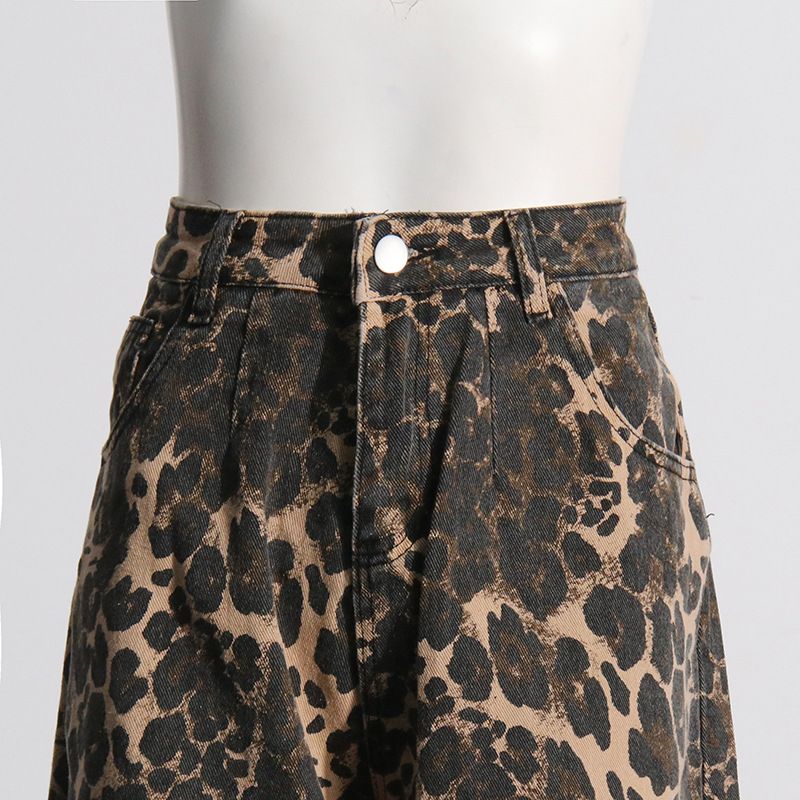 Women's clothing New American Retro Leopard Print High Waist Slim Straight Pants Niche Design Ripped Jeans_voghion.com