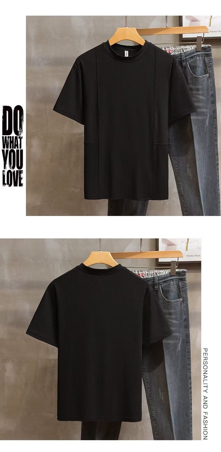 Herenkleding Goede dingen-versie van de schouder effen kleur gebreide korte mouwen heren eenvoudige dagelijkse casual veelzijdige losse T-shirt tops_voghion.com
