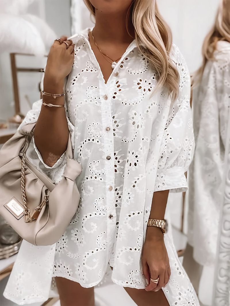 Blusa informal holgada, bordada y semitransparente con ribete de encaje. Elegante top bohemio de manga corta para el trabajo y el día a día._voghion.com