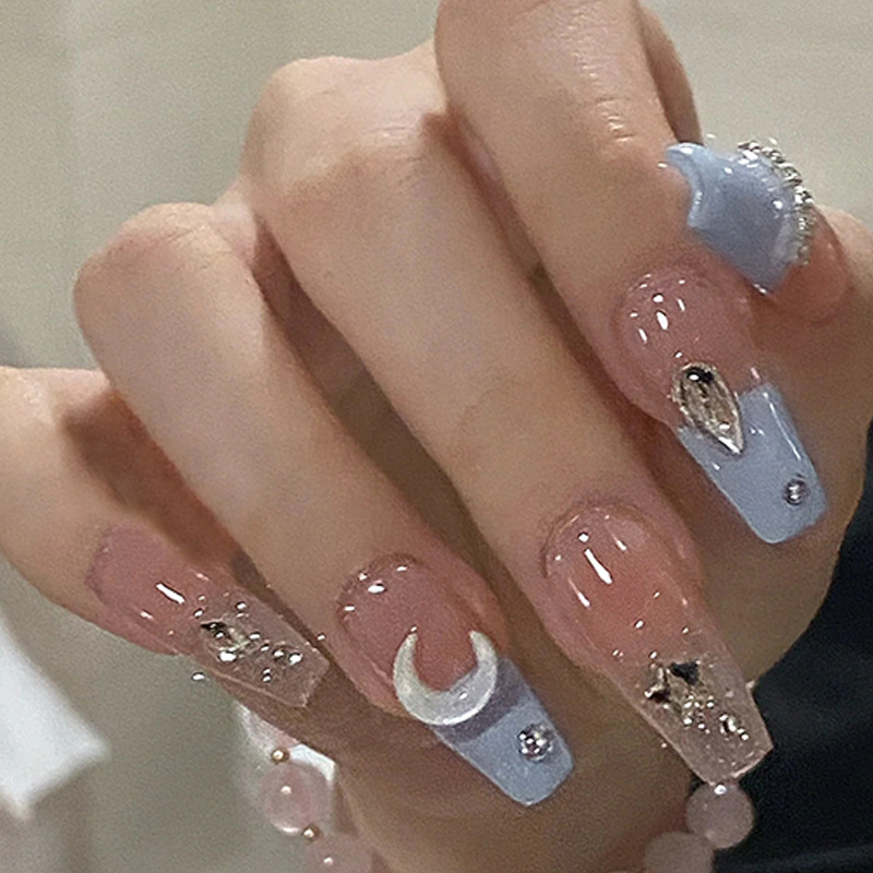 Falsche 24-teilige abnehmbare Ballerina-blaue tragbare gefälschte Nagelspitzen mit vollständiger Abdeckung, künstlicher Nagel mit Mond-Design, zum Aufdrücken_voghion.com