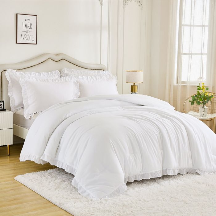 Slaapzaalbeddengoedset - Lichtgewicht dekbed van vezels met geplooide rand (set van 4 inclusief gewatteerde deken + 3 zachte en ademende accessoires)_voghion.com