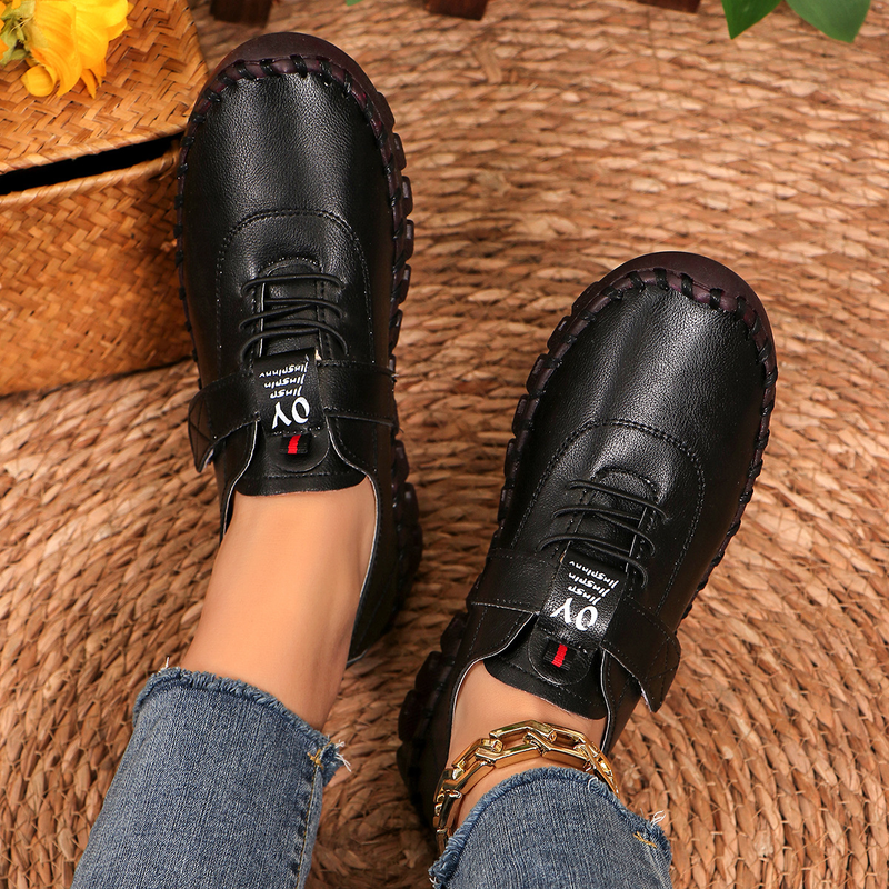 Women's large size 45 size beef tendon soft sole hand stitched Velcro casual shoes_voghion.com