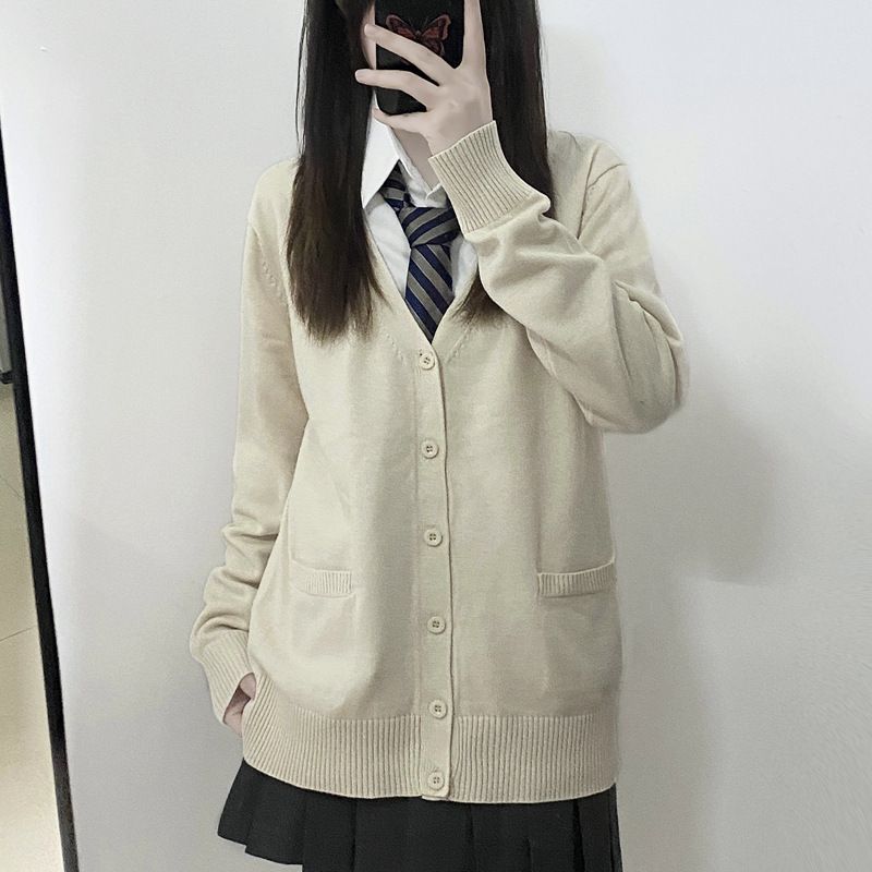 Japanese Style JK Cardigan Sweater For Women - Vintage School Uniform Inspired Long Sleeve Knit Top, Loose Fit V-Neck Open Front Coat_voghion.com