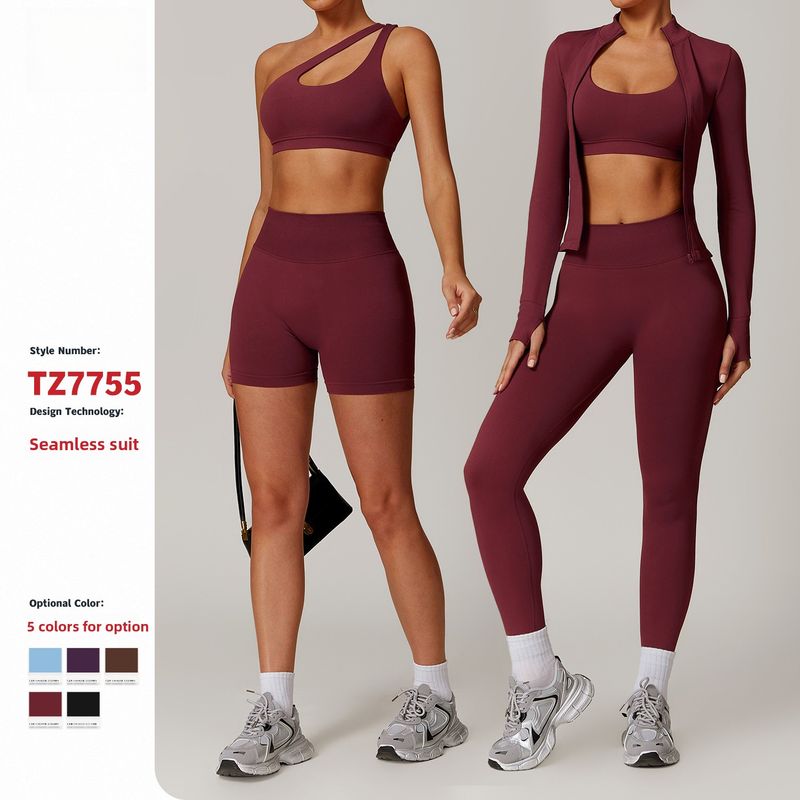 Conjunto de ioga Zechuang sem costura com gola alta, zíper, proteção contra vento, ajuste justo, blusa quente para corrida e esportes 7755_voghion.com
