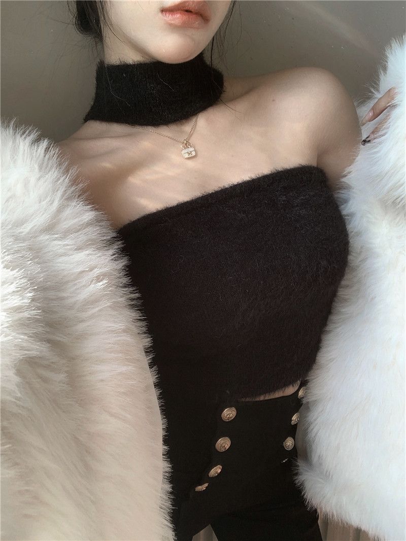 Maglione invernale da donna con bretelline imbottite bianche, interno in pile, top a tubino caldo_voghion.com