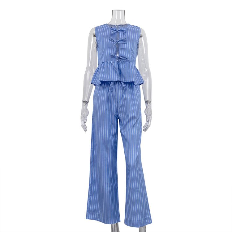 Elegant Striped Vest Set With Bow Detail & Wide-Leg Pants – Breathable Polyester, Comfortable Office Wear For Women_voghion.com