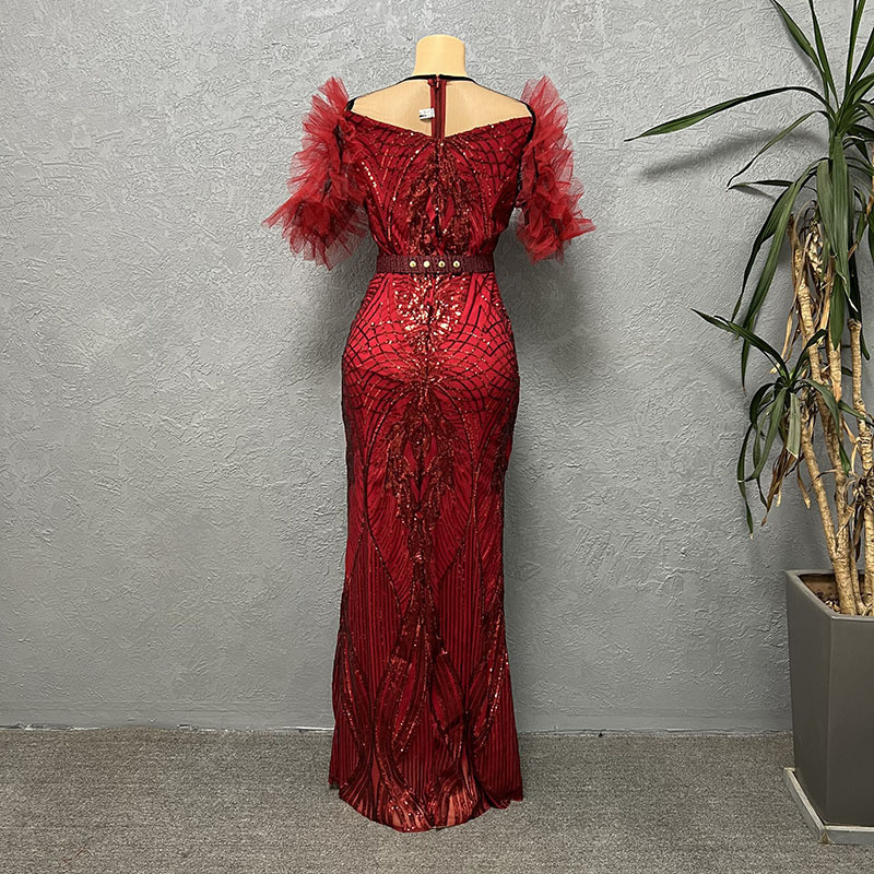 Paillettenkleid für Damen, schmal geschnittener Fischschwanz-Langrock, Bubble-Mesh-Ärmel, modische Abendgarderobe_voghion.com