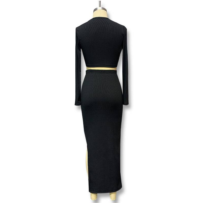 Vestito in maglia tinta unita autunno e inverno 2024 da donna europeo, set con gonna a maniche lunghe e maglietta, set due pezzi_voghion.com