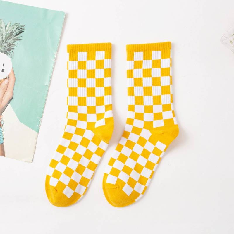 6 Pairs--Checkerboard Men's And Women's Fashion Street Brand Mid Tube Academy Style Cotton Skateboarding Socks_voghion.com