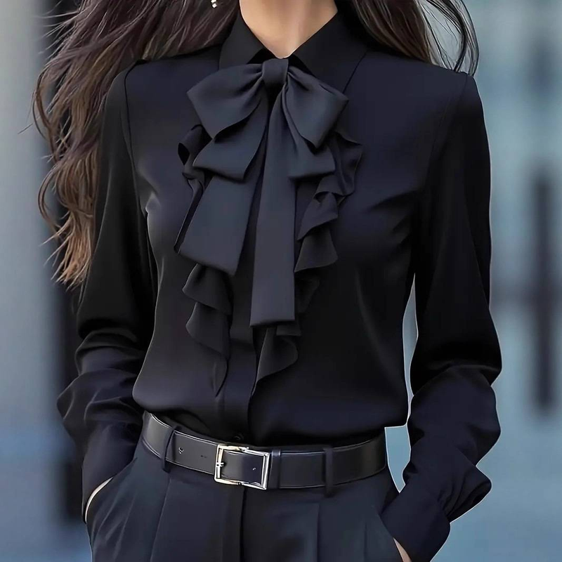 Elegante camicetta con papillon e volant per donna - Elegante camicia da ufficio a maniche lunghe in tinta unita (bianco, nero, rosso, grigio)_voghion.com