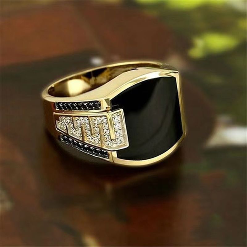 Hip Hop Style Business Schwarzer Emaille Mikro Inlaid Zirkon Simulation Diamant Ring, Trendy Herrenschmuck_voghion.com