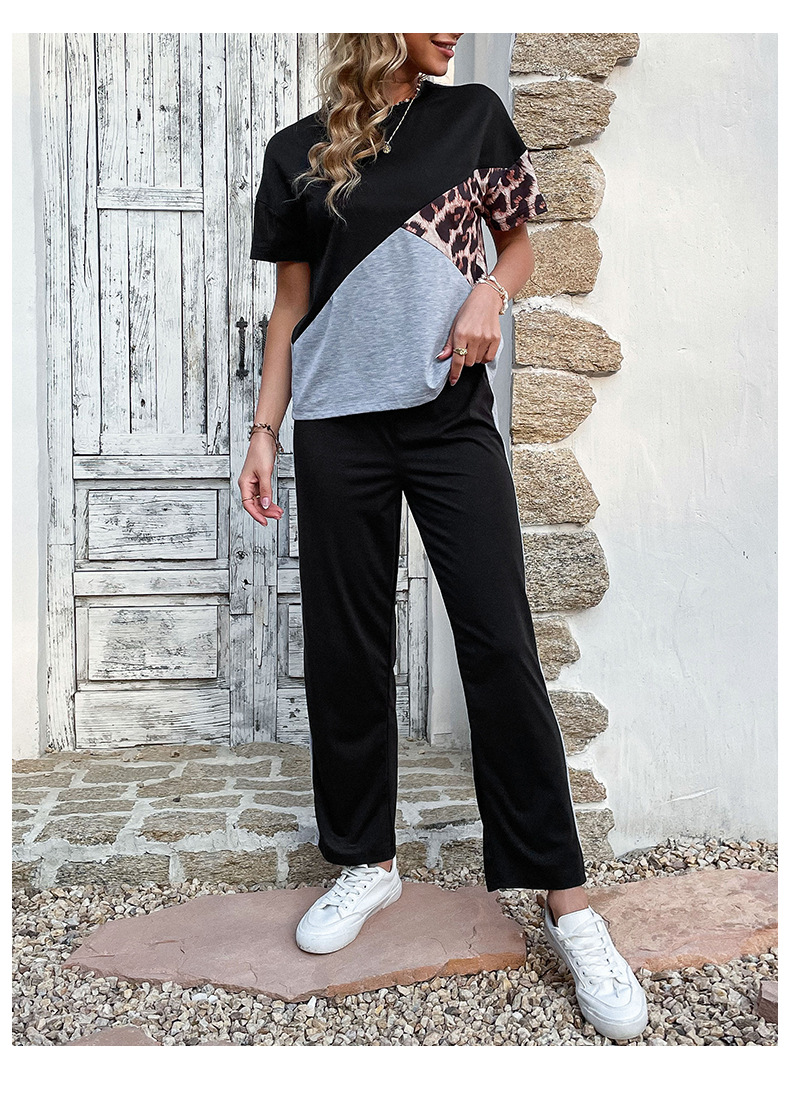 Ensemble deux pièces européen et américain avec T-shirt imprimé léopard de couleur contrastée, costume décontracté pour femmes_voghion.com