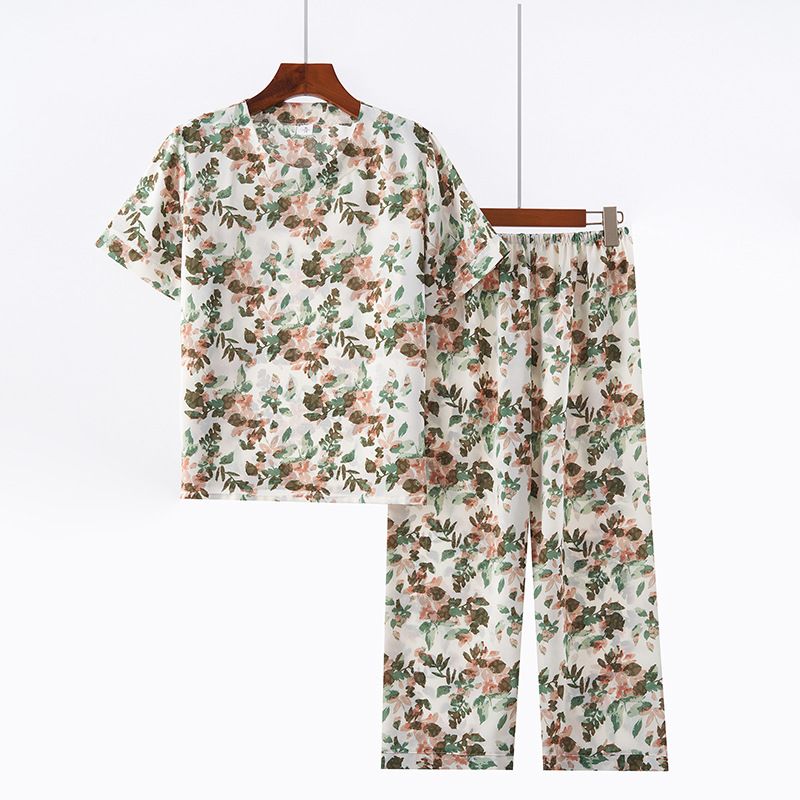 Conjunto de duas peças para mulheres de meia-idade e idosas, verão, gola redonda, estampado, manga curta, solto, casual, confortável, avó_voghion.com