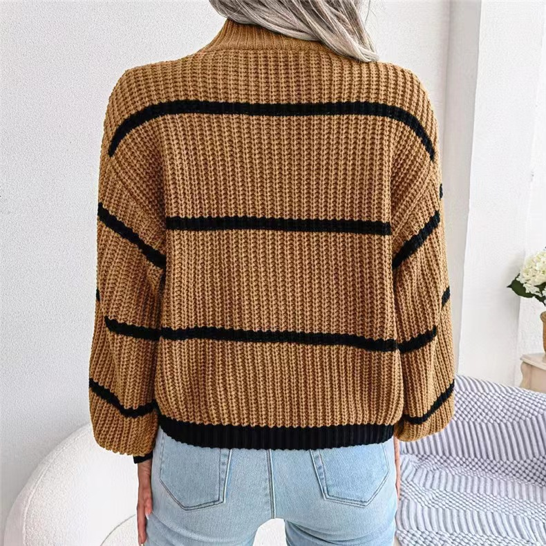 Suéter feminino casual listrado com manga lanterna e meia gola alta_voghion.com
