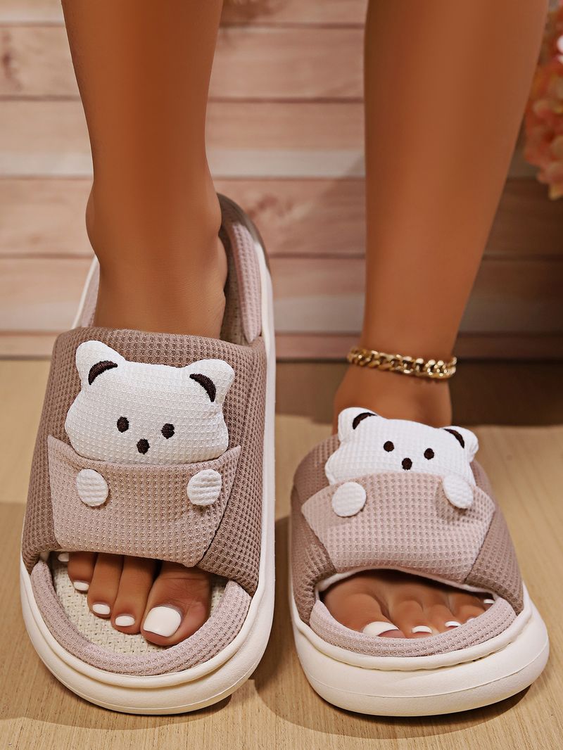 Cartoon bear indoor shit-feeling linen slippers non-slip and odor-proof flip-flops for the home_voghion.com