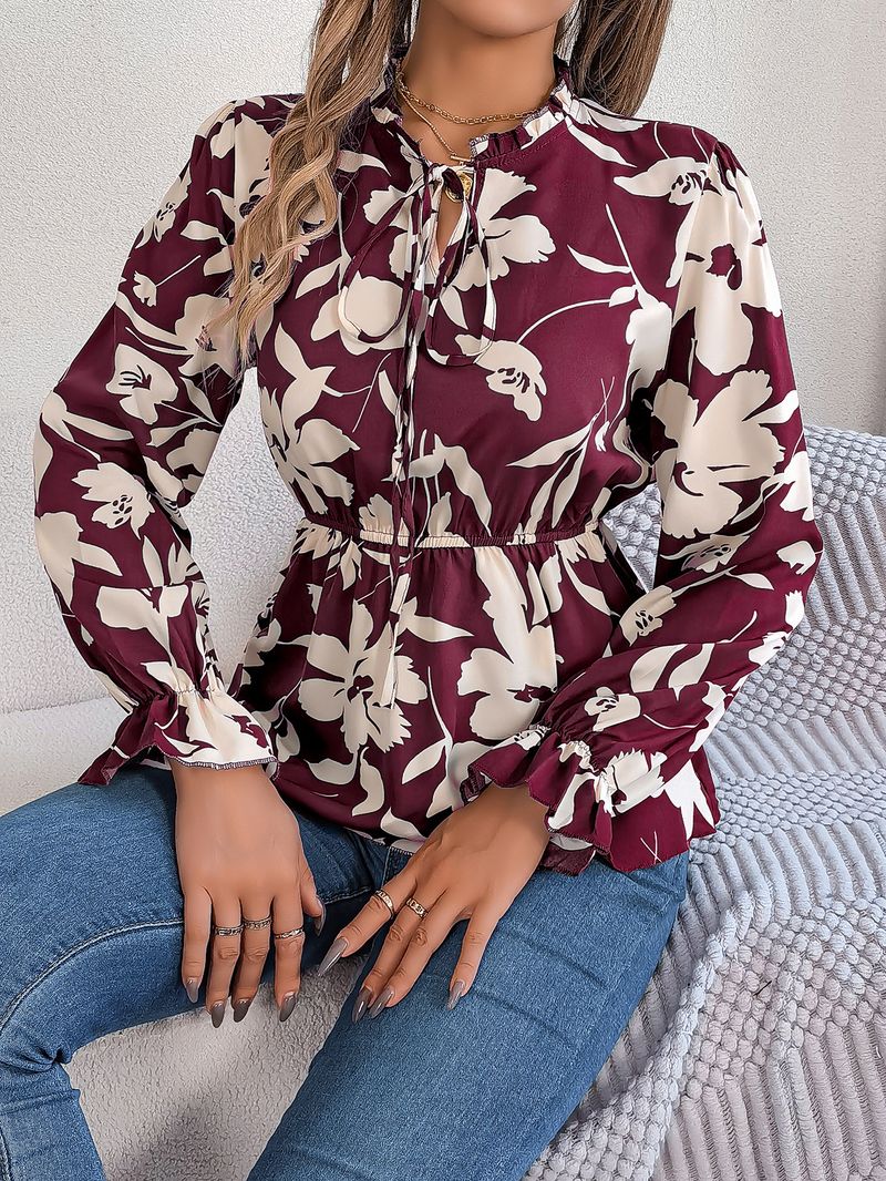 2025 herbst Winter Neue Casual Floral Lace-Up Langarm Chiffon Bluse frauen Mode_voghion.com