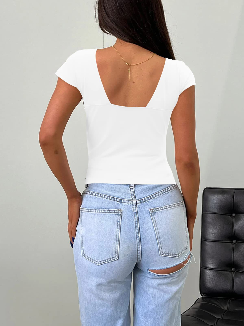 Maglietta a maniche corte slim fit con scollo a V profondo sexy da donna, stile basic_voghion.com