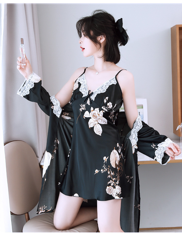 Vêtements de nuit pour femmes Chemise de nuit sexy licou chemise de nuit fine en dentelle pyjama ensemble deux pièces_voghion.com