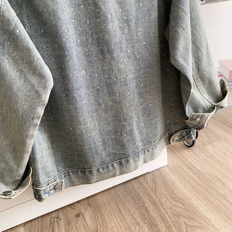 Damenbekleidung Jeansjacke Lockere Freizeitjacke Vintage Bestickte Jeansjacke Damen Langarm Distressed Freizeitmantel mit Strassdetails_voghion.com