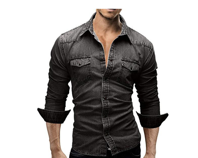 Neu Langarm Stil Jugend Casual Einfarbig Patchwork Denim Shirt männer_voghion.com
