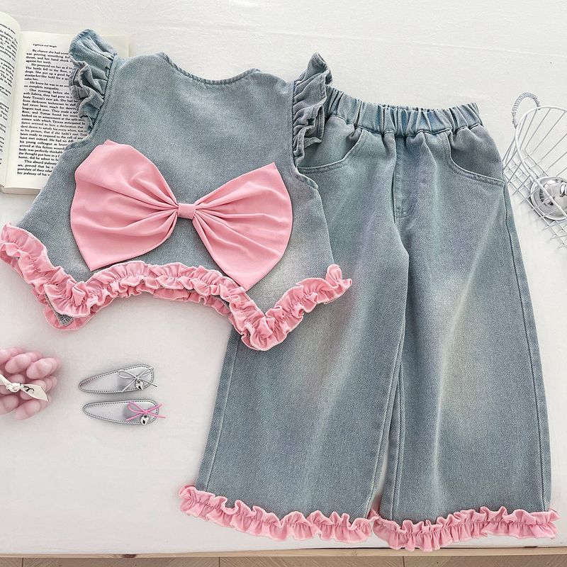 Completo in denim autunnale per bambine 2025, nuovo stile straniero, top e fondo elasticizzati, camicia e pantaloni a gamba larga, set da tre pezzi_voghion.com