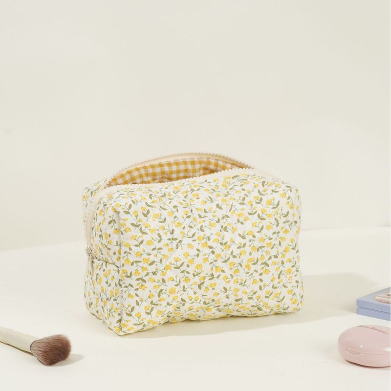 Floral Quilted Cosmetic Bag Large Capacity Cotton Storage Toiletry Bag Pencil Case Plaid Embroidery Ins Ladies_voghion.com