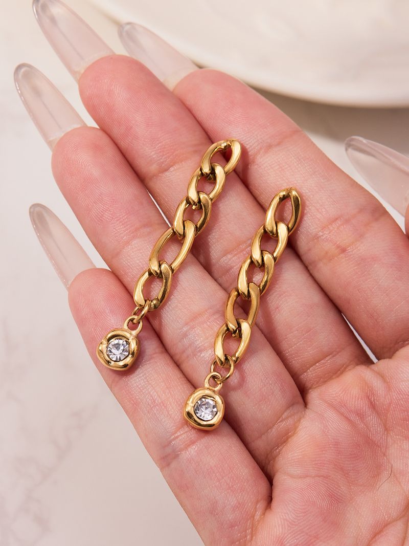 Square Sugar Exaggerated Personality Cold Wind Earrings Stainless Steel Chain Round Zircon Earrings Female_voghion.com