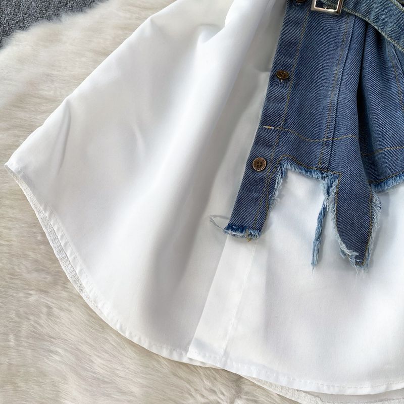 Damenbekleidung Kontrastfarbenes Revers mit Taillenabnahme, A-Linie, einreihiges Hemd, Jeanskleid, mittellanger, unregelmäßiger T-Shirt-Rock für Damen_voghion.com