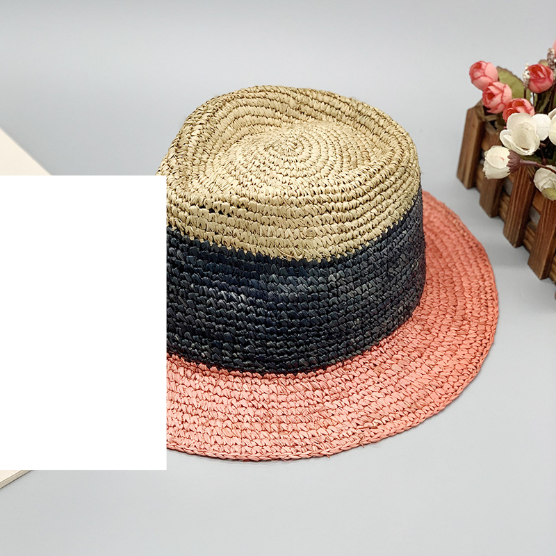 Natural raffia crochet straw hat color matching small hat casual striped Rayleigh wind short brimmed top hat_voghion.com