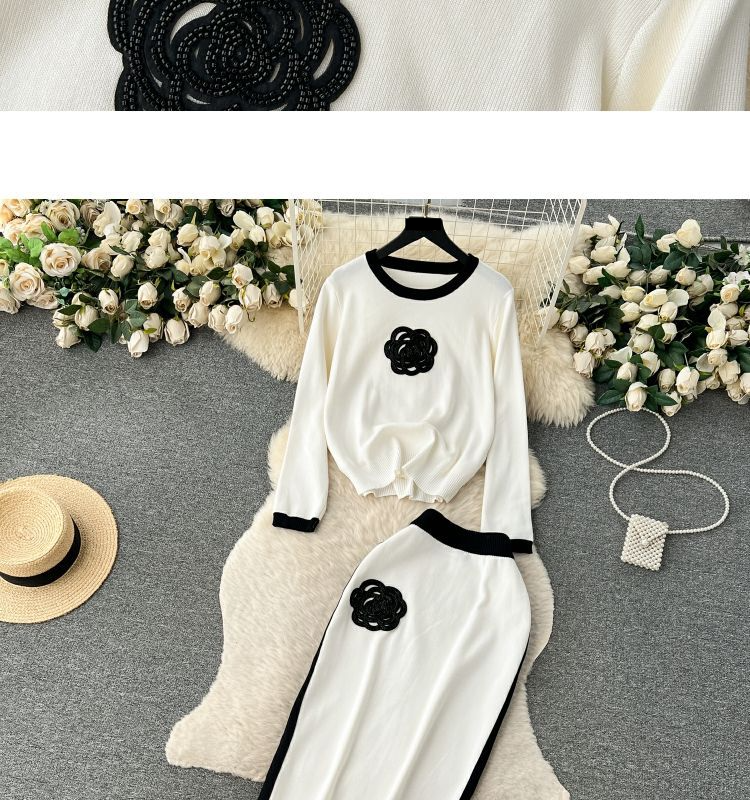 Zweiteiliger Anzug für Damen mit kontrastierendem Farbdesign, Rundhalsausschnitt, lockerem Langarm-T-Shirt und hoch tailliertem, schmalem, mittellangem Rock_voghion.com