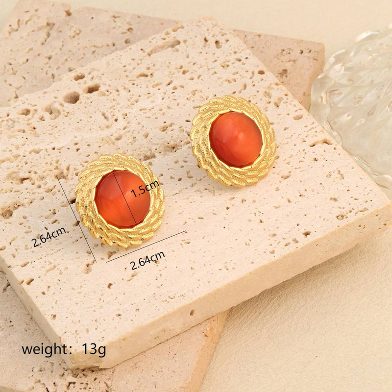 New light luxury retro irregular round earrings for women, inlaid with cat eye stones, high-end and exaggerated design, stainless steel earrings_voghion.com