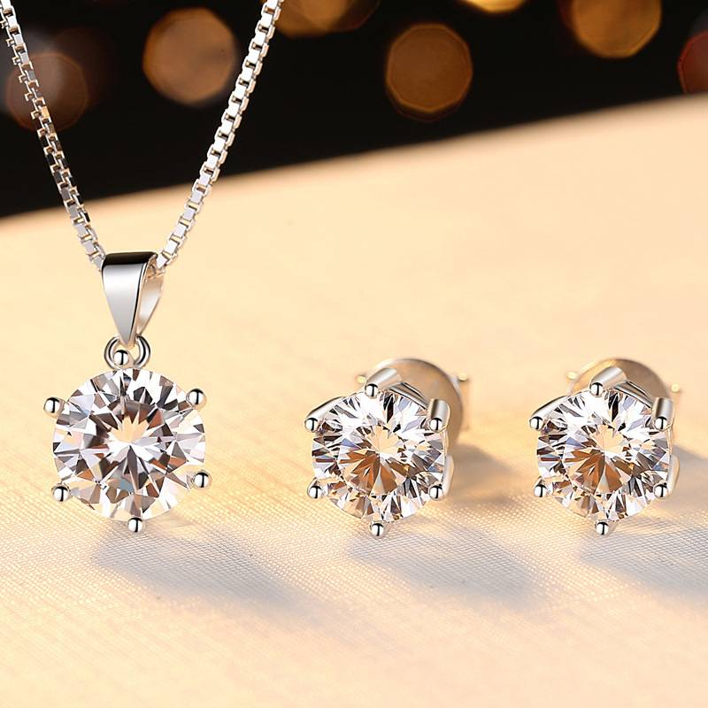 Classic Six Claw Platinum Necklace Female Simulation Diamond Simple Moissanite 1 Carat Pendant Clavicle Chain Earrings_voghion.com
