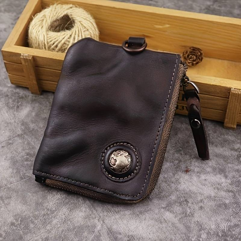 Wallet, Vintage Vegetable Tanned Leather, Distressed Wallet, Zipper Wallet, Key Holder, Card Holder_voghion.com
