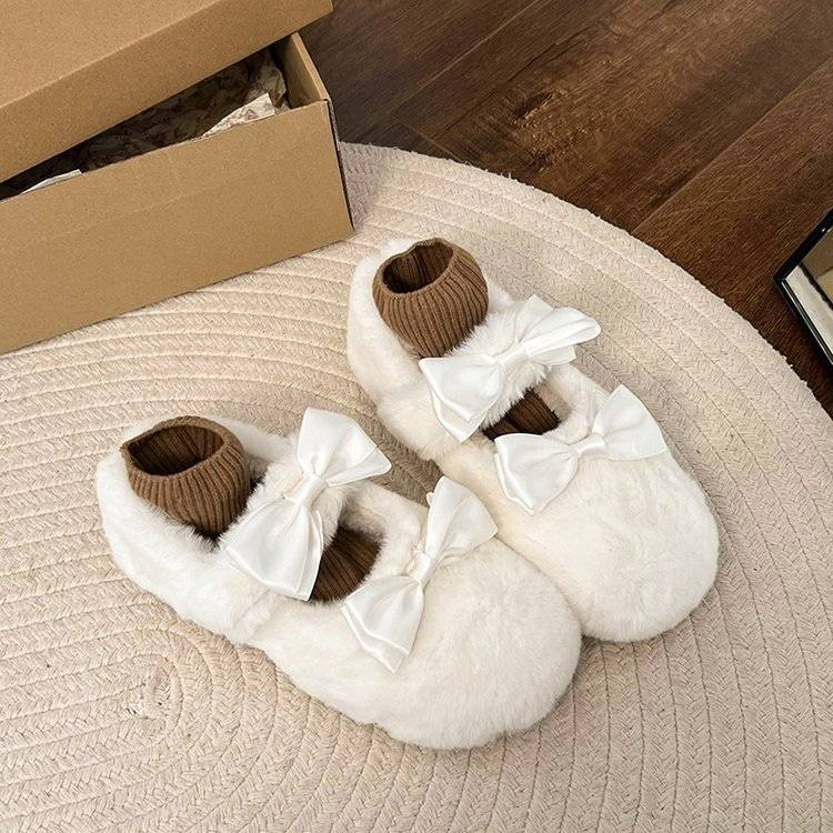 Nuove scarpe da donna autunno/inverno 2025.1 con doppio fiocco e scarpe in cotone felpato, senza calzini_voghion.com
