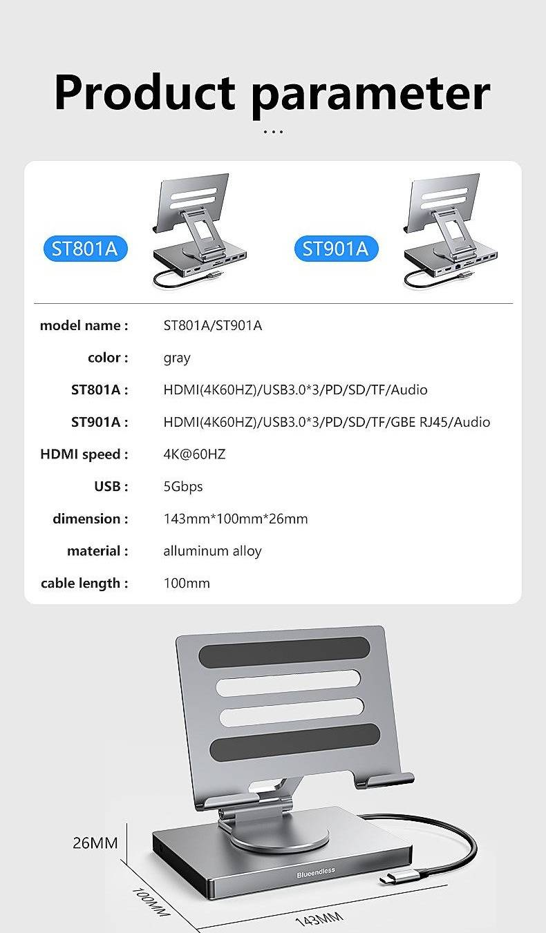Estación de acoplamiento tipo C con soporte giratorio para tableta, puerto Ethernet Gigabit 4K/60 Hz, concentrador divisor USB 3.0 y convertidor_voghion.com