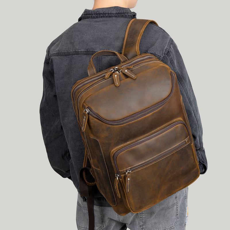 Men's Full Genuine Leather Backpack Vintage Distressed Rucksack With Multiple Compartments Fits 15 Inch Laptop Durable & Stylish For Travel & Daily_voghion.com