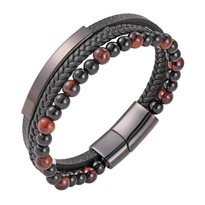 Men's Braided Multi-Layer Black Genuine Leather Bracelet With Natural Tiger Eye Stone, Magnetic Closure, Handcrafted Chain Link Cuff_voghion.com