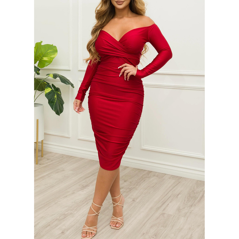 Damenbekleidung Kleidung Sexy One-Shoulder Plissee Hüftbedeckendes langärmliges Kleid_voghion.com