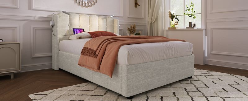Cadre de lit simple rembourré avec liseuse, fonction de charge, rangement pour la tête de lit, lit enfant en lin 90 x 200 cm avec sommier à lattes (matelas non inclus, coloris naturel)_voghion.com