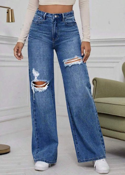 Abbigliamento da donna Pantaloni a gamba larga semplici e strappati alla moda versatili_voghion.com