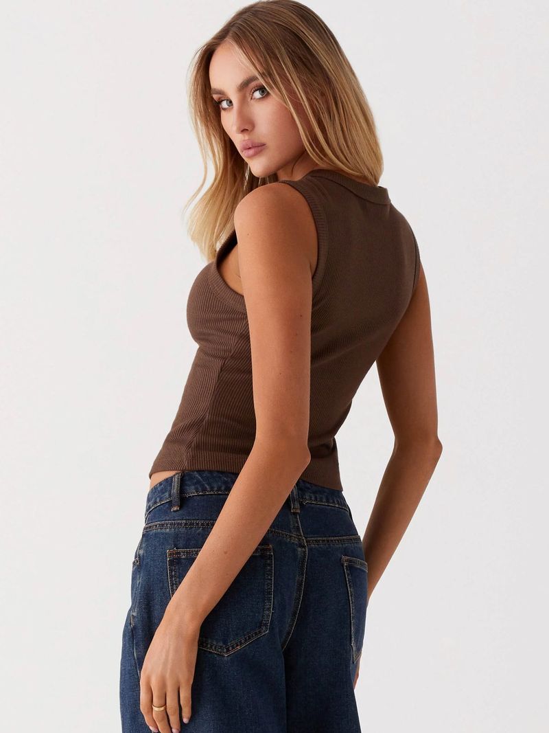 Damenbekleidung Sommer Y2K Slim Hot Girl Ärmellose Weste mit Rundhalsausschnitt und gerippten Knöpfen_voghion.com