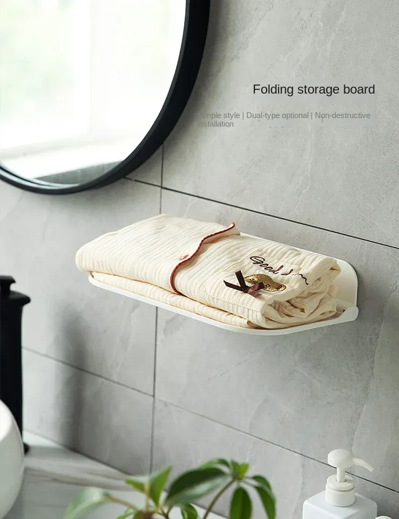 Nuovo scaffale da parete pieghevole, senza forature, in plastica, da parete, galleggiante, per bagno, toilette, asciugamani, vestiti_voghion.com