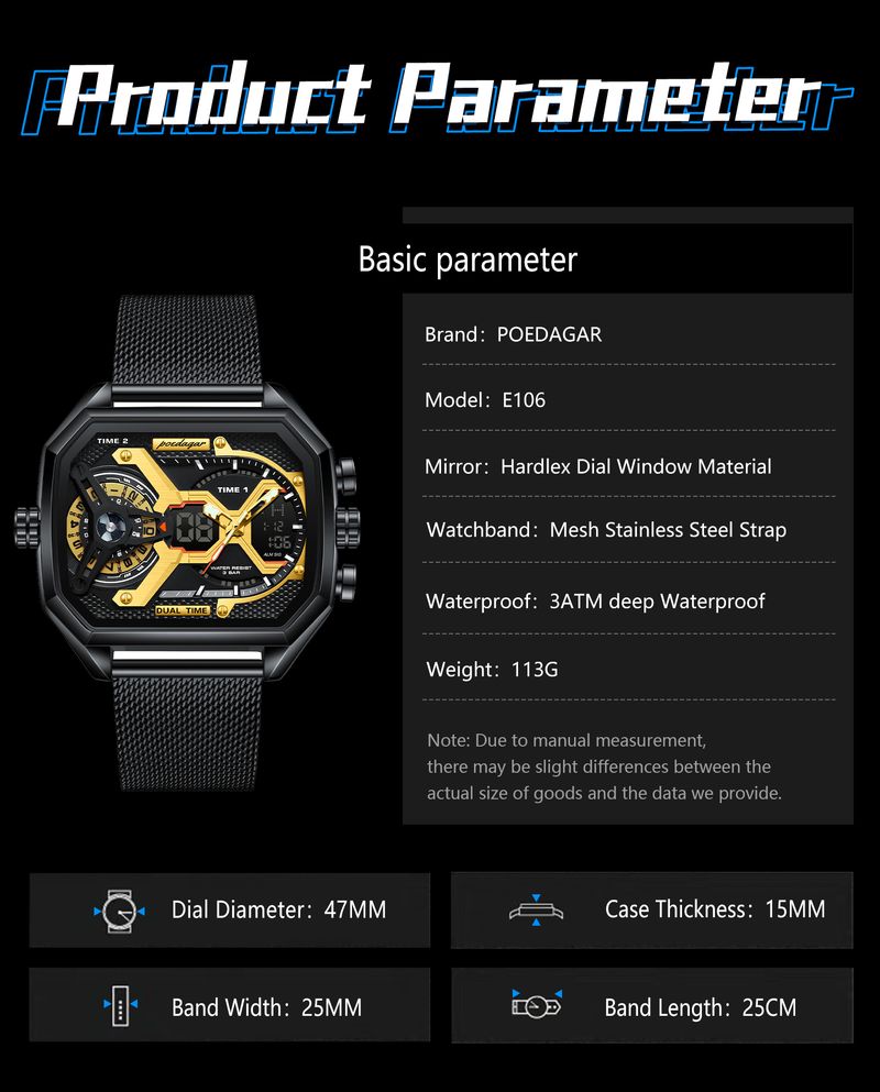 POEDAGAR Orologi da uomo alla moda, data e settimana, orologio militare elettronico a LED, impermeabile, in acciaio inossidabile, orologio sportivo al quarzo da uomo_voghion.com