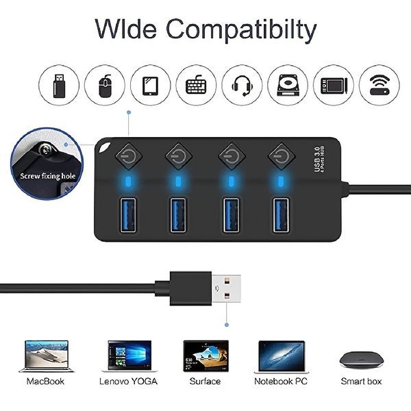 USB-HUB; 4-Port USB 3.0-Datenhub mit individuellen Ein-/Ausschaltern und Lichtern für MacBook; Laptop; Surface Pro; PC; Flash-Laufwerk; mobile Festplatte (2,4 Fuß/0,7_voghion.com