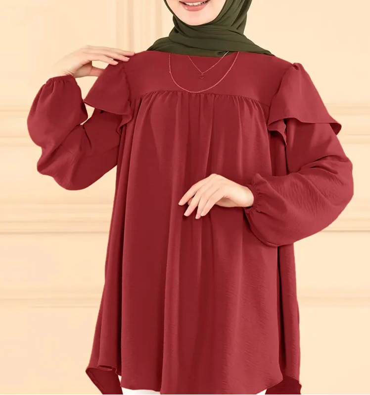 women's solid color long-sleeved loose ruffled round neck top shirt_voghion.com