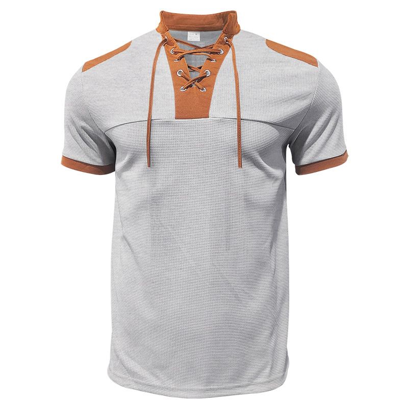 Cross-border Independent Station American Summer Casual Men's Tether Loose Henry Western Denim Waffle Short Sleeve Suit_voghion.com