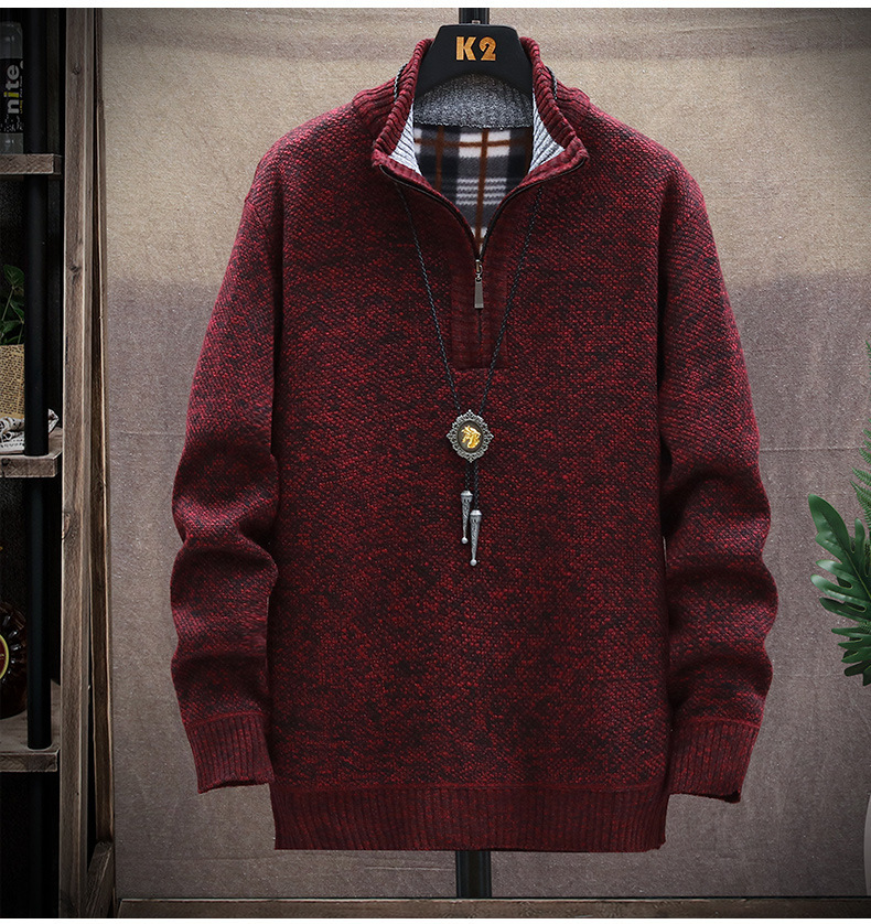 Men's long-sleeved stand collar and fleece thickened solid color half-zip pullover sweater for men_voghion.com