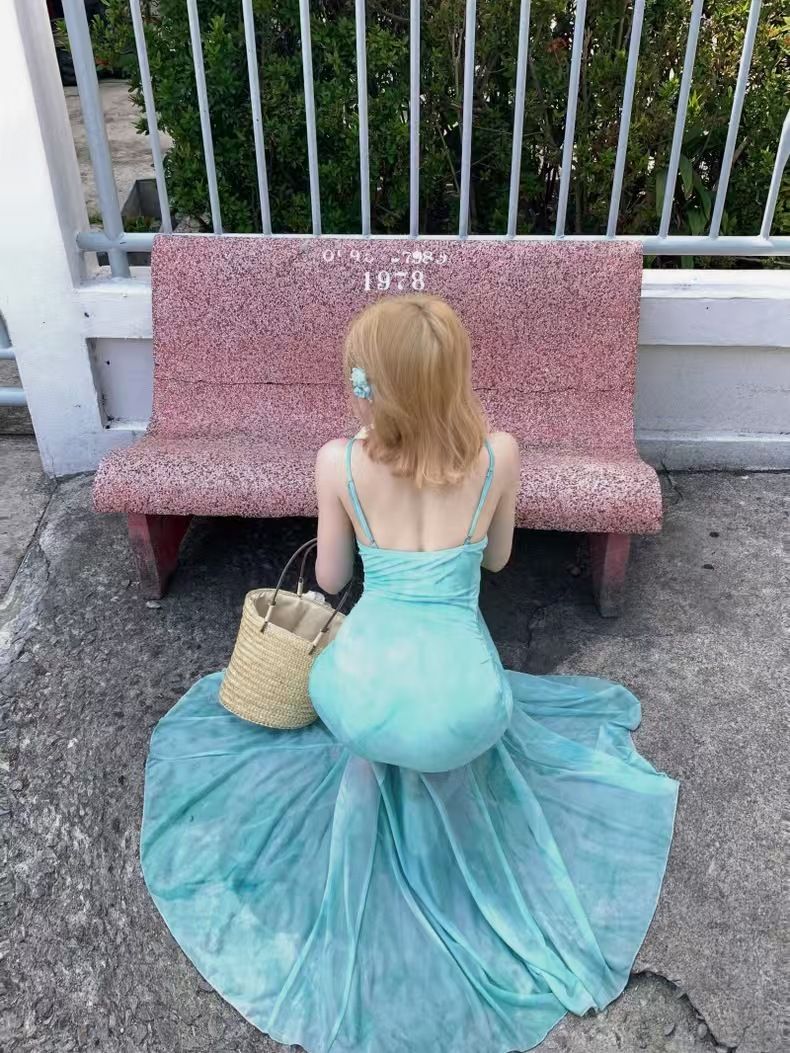 Spitzen-Patchwork-Camisole-Kleid für Damen im Sommerurlaubsstil, schmale Passform, Fischschwanz-Taille, Netzrock, hüftbetont_voghion.com