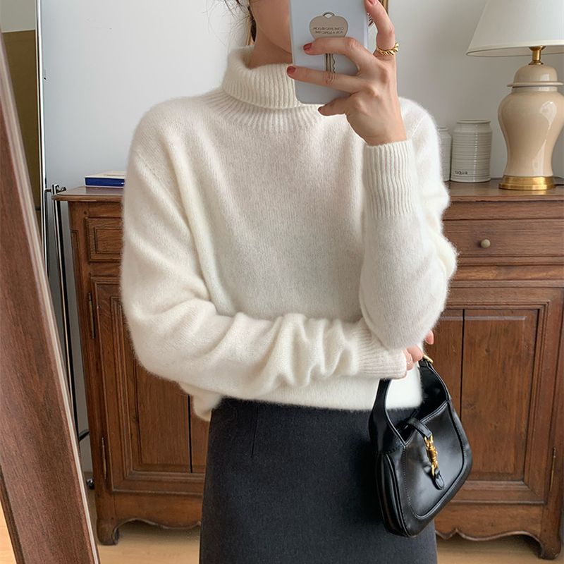 Grobstrickpullover mit hohem Halsausschnitt für Damen – Übergroßer, lässiger Rollkragenpullover, weiche Acrylmischung, einfarbiges Thermo-Oberteil für den Winter (Grau, Schwarz, Beige)_voghion.com