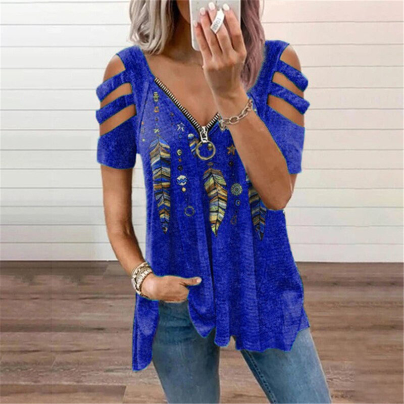 Nuova camicetta estiva da donna con spalle scoperte, stampa leopardata, cerniera, scollo a V, casual, ampia, primaverile, sexy, nuova camicetta da donna_voghion.com